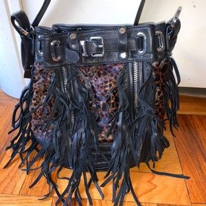 The Kooples Fringe Leopard Leather Bucket Bag